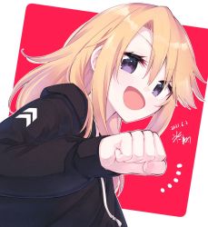 Rule 34 | 1girl, alternate hair color, blonde hair, clenched hand, commentary request, dated, hikawa shou, idolmaster, idolmaster cinderella girls, open mouth, purple eyes, signature, smile, solo, sweater, upper body, yuuki haru