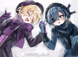 Rule 34 | 2boys, alois trancy, blonde hair, blue eyes, blue gloves, blue hair, blue ribbon, ciel phantomhive, closed eyes, coat, earrings, eyepatch, formal, gloves, hat, highres, holding hands, jewelry, kuroshitsuji, lying, multiple boys, open mouth, purple gloves, purple ribbon, purple suit, ribbon, scarf, short hair, snow, suit, tongue tattoo, trap, winter clothes, winter coat, wormy owo, yaoi