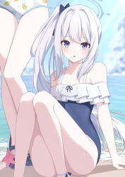 Rule 34 | 2girls, anklet, arm support, bare legs, bare shoulders, beach, blue archive, blue eyes, blue one-piece swimsuit, blush, breasts, cloud, collarbone, commentary, divergenceok, feet out of frame, floating hair, frilled one-piece swimsuit, frills, hair between eyes, halo, highres, jewelry, knees together feet apart, leaf print, legs, lens flare, long hair, looking at viewer, miyako (blue archive), miyako (swimsuit) (blue archive), miyu (blue archive), miyu (swimsuit) (blue archive), multiple girls, ocean, off-shoulder one-piece swimsuit, off shoulder, official alternate costume, one-piece swimsuit, open mouth, ponytail, sidelocks, sitting, small breasts, standing, swimsuit, white hair