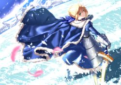 Rule 34 | 1girl, ahoge, armor, armored dress, artoria pendragon (fate), blonde hair, blurry, cape, cloud, commentary request, depth of field, excalibur (fate/stay night), fate/grand order, fate/stay night, fate (series), gauntlets, green eyes, highres, petals, saber (fate), smile, solo, sword, tsuuhan, weapon