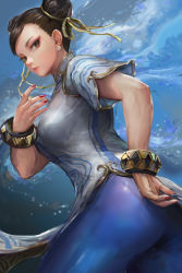 Rule 34 | 1girl, absurdres, ass, blue pantyhose, brown hair, capcom, china dress, chinese clothes, chun-li, double bun, dress, earrings, eyelashes, hair bun, hand on own hip, highres, jewelry, looking at viewer, miche, nail polish, pantyhose, parted lips, short hair, short sleeves, solo, street fighter, street fighter 6