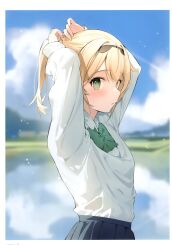 Rule 34 | 1girl, absurdres, arms up, blonde hair, blue skirt, blurry, blurry background, blush, bow, bowtie, day, green bow, green bowtie, green eyes, hana mori, highres, hololive, kazama iroha, long sleeves, looking at viewer, outdoors, parted lips, ponytail, scan, shirt, sideways glance, skirt, solo, tying hair, virtual youtuber, white shirt