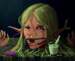 Rule 34 | 1girl, bdsm, blonde hair, blue eyes, bondage, bound, clothes pin, crying, crying with eyes open, cum, cum in nose, cup, dental gag, drinking glass, elf, gag, gagged, ikelag, long hair, long pointy ears, looking at viewer, nose insertion, original, pillory, pointy ears, remote control vibrator, restrained, sex toy, solo, stationary restraints, syringe, tears, vibrator