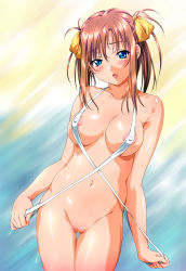 Rule 34 | 1girl, areola slip, bad id, bad pixiv id, bare shoulders, blue eyes, blush, body blush, bottomless, breasts, brown hair, cleft of venus, collarbone, covered erect nipples, criss-cross halter, female focus, groin, hair ribbon, halterneck, head tilt, highres, hip focus, looking at viewer, nail polish, navel, open mouth, original, pink nails, pussy, ribbon, sayika, shiny skin, slingshot swimsuit, solo, standing, sweat, swimsuit, thigh gap, thighs, tongue, twintails, uncensored