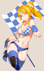 Rule 34 | 10s, 1girl, ayase eli, bad id, bad pixiv id, bare shoulders, bikini, bikini top only, blue eyes, blue thighhighs, boots, breasts, checkered flag, flag, gloves, high heel boots, high heels, love live!, love live! school idol festival, love live! school idol project, nail polish, navel, one eye closed, outstretched hand, ponytail, race queen, single glove, solo, swimsuit, thighhighs, wink, xiaoshou xiansheng
