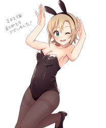 Rule 34 | 1girl, ;d, alternate costume, animal ears, armpits, bare shoulders, black footwear, black hairband, black leotard, black pantyhose, blush, breasts, cleavage, collarbone, covered navel, fake animal ears, fake tail, hairband, highres, idolmaster, idolmaster cinderella girls, leotard, light brown hair, looking at viewer, medium breasts, one eye closed, open mouth, pantyhose, playboy bunny, rabbit ears, rabbit pose, rabbit tail, smile, solo, standing, standing on one leg, strapless, strapless leotard, sweatdrop, tada riina, tail, tomasen, translation request