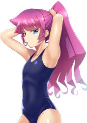 Rule 34 | 1girl, absurdres, armpits, blue eyes, blue one-piece swimsuit, breasts, collarbone, half-closed eyes, high ponytail, highres, holding, holding own hair, kirishima romin, long hair, looking at viewer, mouth hold, muto dt, one-piece swimsuit, pink hair, school swimsuit, simple background, small breasts, solo, standing, swimsuit, tying hair, very long hair, white background, yu-gi-oh!, yu-gi-oh! sevens