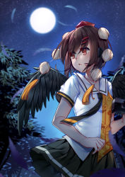 Rule 34 | 1girl, absurdres, aer (tengqiu), bare arms, black necktie, black skirt, black wings, brown hair, feathered wings, feathers, full moon, hair ornament, hairclip, hat, highres, looking to the side, miniskirt, moon, necktie, night, night sky, outdoors, parted lips, pleated skirt, pom pom (clothes), red eyes, shameimaru aya, shirt, skirt, sky, solo, star (sky), starry sky, tassel, tokin hat, touhou, tree, white shirt, wings