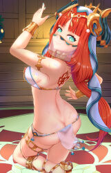 Rule 34 | 1girl, absurdres, alternate costume, arm up, artist request, ass, bikini, blue nails, blush, breasts, butt crack, closed mouth, dancer, embarrassed, fake horns, floating hair, genshin impact, gold, highres, horns, long hair, long sleeves, looking at viewer, low twintails, medium breasts, midriff, nail polish, nilou (genshin impact), red hair, see-through, shirt, skirt, slave, slave clothes, sleeveless, sleeveless shirt, solo, stomach, sweat, swimsuit, tattoo, thong, twintails, veil, very long hair