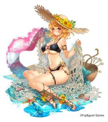 Rule 34 | 1girl, ankle lace-up, basket, belly chain, bikini, blonde hair, blush, bottle, breasts, cleavage, company name, cross-laced footwear, eros (phantom of the kill), female focus, flower, full body, hat, innertube, jewelry, large breasts, necklace, net, official art, phantom of the kill, red eyes, sand, sandals, seashell, shawl, shell, shiny skin, short hair, sitting, skindentation, solo, starfish, straw hat, swim ring, swimsuit, water