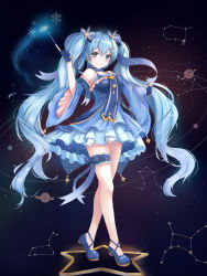 Rule 34 | 1girl, cancer (constellation), constellation, detached sleeves, dress, fingerless gloves, full body, gloves, hatsune miku, highres, leo (constellation), libra (constellation), long hair, looking at viewer, munape, outstretched arm, pisces (constellation), smile, solo, star (symbol), twintails, very long hair, virgo (constellation), vocaloid, wand, yuki miku