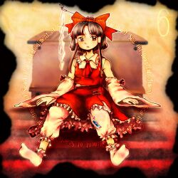 Rule 34 | 1girl, ascot, bloomers, blush, bobby socks, bow, brown eyes, brown hair, cover, detached sleeves, embodiment of scarlet devil, expressionless, frilled skirt, frilled sleeves, frills, full body, gohei, hair bow, hair ornament, hair stick, hair tubes, hakurei reimu, highres, parody, parted bangs, primary dragon, red ascot, red bow, red skirt, red vest, ribbon-trimmed sleeves, ribbon trim, sepia, shirt, short hair, sidelocks, sideways glance, sitting, skirt, sleeveless, sleeveless shirt, socks, solo, touhou, underwear, vest, video game cover, white shirt, white sleeves, white socks, zun (style)