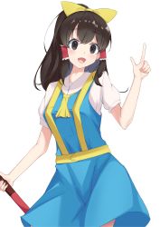 Rule 34 | 1girl, absurdres, blue dress, bow, brown eyes, brown hair, commentary request, cookie (touhou), cosplay, cowboy shot, daiyousei, daiyousei (cosplay), dress, frilled hair tubes, frills, hair bow, hair tubes, hakurei reimu, high-visibility vest, highres, holding, ikikiksgiksg, long hair, looking at viewer, noel (cookie), open mouth, pinafore dress, ponytail, shirt, simple background, sleeveless dress, solo, touhou, traffic baton, white background, white dress, white shirt, yellow bow