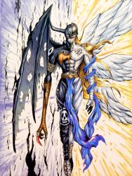Rule 34 | 1boy, abs, angel, angel and devil, angel wings, angemon, bandaged arm, bandages, belt, black skin, black wings, brown belt, collarbone, colored skin, demon boy, demon wings, devimon, digimon, digimon (creature), facing viewer, feathered wings, fusion, helmet, highres, horns, male focus, multicolored background, sawa d, shiny clothes, single horn, solo, torn wings, white skin, wings