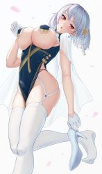 Rule 34 | azur lane, braid, breast curtains, breasts, cape, china dress, chinese clothes, dress, flower, garter straps, gloves, hair flower, hair ornament, high heels, highres, large breasts, red eyes, removing shoes, ropi (yyuichi29), sirius (azure horizons) (azur lane), thick thighs, thighhighs, thighs, underboob, white gloves, white hair