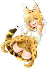 Rule 34 | 10s, 1girl, :d, absurdres, animal ears, bow, bowtie, commentary request, elbow gloves, full body, gloves, high-waist skirt, highres, kemono friends, kirikan (cokekiri), looking at viewer, open mouth, panties, pantyshot, paw pose, print bow, print bowtie, print gloves, print neckwear, print panties, print skirt, print thighhighs, serval (kemono friends), serval print, serval tail, shirt, short hair, simple background, sitting, skirt, sleeveless, sleeveless shirt, smile, solo, striped tail, tail, thighhighs, underwear, white background, yellow bow, yellow bowtie, yellow panties, yellow thighhighs