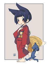 Rule 34 | 1girl, animal ears, barefoot, black hair, feet, fox ears, fox tail, japanese clothes, kimono, kukuri (mawaru), mawaru (mawaru), multiple tails, obi, open mouth, original, sash, tail