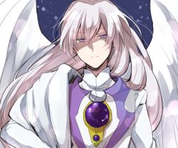 Rule 34 | 1990s (style), 1boy, bad id, bad pixiv id, cardcaptor sakura, long hair, male focus, purple eyes, retro artstyle, solo, tooru (jux), upper body, white hair, wings, yue (cardcaptor sakura)