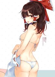 Rule 34 | 1girl, ass, back, bare arms, bare shoulders, bikini, bow, breasts, brown hair, butt crack, cowboy shot, detached sleeves, hair between eyes, hair bow, hair tubes, hakurei reimu, halterneck, highres, long hair, looking at viewer, mirei, open mouth, polka dot, polka dot background, red bow, red eyes, ribbon-trimmed sleeves, ribbon trim, side-tie bikini bottom, small breasts, smile, solo, standing, string bikini, swimsuit, touhou, two-tone background, white background, white bikini