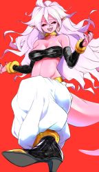 Rule 34 | 1girl, android 21, black nails, black sclera, boots, breasts, choker, cleavage, collarbone, colored sclera, colored skin, dragon ball, dragon ball fighterz, high heel boots, high heels, highres, large breasts, long hair, looking at viewer, majin android 21, mityubi, nail polish, navel, open mouth, pink skin, pointy ears, red background, red eyes, simple background, sketch, solo, tail, white hair, yellow choker