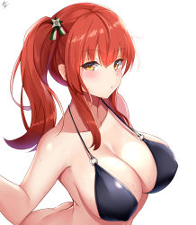 Rule 34 | 1girl, absurdres, ahoge, azur lane, bare shoulders, bikini, black bikini, blush, bottomless, breasts, cleavage, collarbone, covered erect nipples, goggles, goggles on head, hair ornament, highres, large breasts, long hair, looking at viewer, navel, o-ring, o-ring bikini, red hair, san zhi chun, side ponytail, simple background, skindentation, solo, swimsuit, wet, white background, zara (azur lane), zara (poolside coincidence) (azur lane)