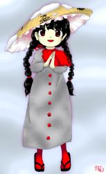 Rule 34 | :d, ajirogasa, bad id, bad pixiv id, black hair, braid, commentary request, dress, earlobes, grey dress, hat, hidden star in four seasons, long earlobes, long hair, long sleeves, looking at viewer, open mouth, red eyes, ribumin, simple background, smile, solo, touhou, twin braids, yatadera narumi, zun (style)