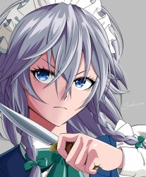 Rule 34 | 1girl, blue eyes, blue vest, bow, braid, character name, closed mouth, commentary request, eyelashes, face, green bow, green neckwear, grey background, grey hair, hair between eyes, hair bow, holding, holding knife, izayoi sakuya, knife, long sleeves, looking to the side, maid headdress, medium hair, natsuki (hgg), shirt, simple background, solo, touhou, twin braids, v-shaped eyebrows, vest, white shirt