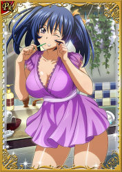 Rule 34 | 00s, 1girl, bashoku youjou, blue hair, breasts, card (viewer), cleavage, curvy, female focus, hair ornament, ikkitousen, large breasts, looking at viewer, one eye closed, purple eyes, shiny skin, short twintails, smile, twintails, wink