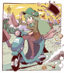 Rule 34 | 1girl, alternate costume, animal print, baguette, bread, breasts, brown skirt, cabbie hat, cake, commentary, croissant, doughnut, english commentary, food, food in mouth, frog print, full body, green hair, green hat, grey footwear, hair ornament, hat, highres, kevin arthur, kochiya sanae, large breasts, long hair, motion lines, motor vehicle, motorcycle, mountain, outdoors, skirt, sky, snake hair ornament, solo, touhou, utility pole, yellow sky