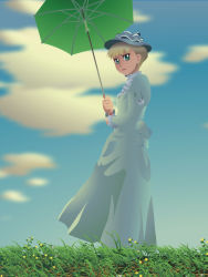 Rule 34 | 1girl, blonde hair, blue dress, blurry, cloud, depth of field, dress, eleanor campbell, fine art parody, grass, hat, jun (blue), no lineart, parody, sky, solo, umbrella, victorian romance emma, woman with a parasol
