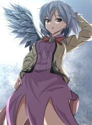 Rule 34 | 1girl, arm up, bloom, bow, bowtie, breasts, brooch, cowboy shot, dress, feathered wings, from below, grey jacket, hand on own hip, highres, jacket, jewelry, kakineko, kishin sagume, long sleeves, looking to the side, medium breasts, open clothes, open jacket, open mouth, purple dress, red bow, red eyes, short dress, short hair, single wing, solo, thighs, touhou, white hair, wings