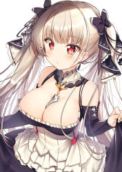 Rule 34 | 1girl, apron, artist name, azur lane, bare shoulders, black bow, black dress, blush, bow, breasts, cleavage, clothing cutout, commentary request, cowboy shot, dress, ear piercing, formidable (azur lane), frills, grey hair, hair bow, heart, highres, large breasts, long hair, long sleeves, looking at viewer, nenobi (nenorium), piercing, red eyes, shoulder cutout, signature, simple background, skirt hold, solo, standing, translated, twintails, white apron, white background