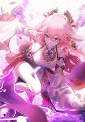 Rule 34 | 1girl, animal ears, bare shoulders, blurry, blurry foreground, closed mouth, commentary, depth of field, detached sleeves, earrings, electricity, falling petals, fox ears, genshin impact, hair between eyes, highres, jewelry, long hair, looking at viewer, outstretched arm, petals, pink hair, pistachiocream, purple eyes, red skirt, sandals, shirt, signature, skirt, smile, solo, thighs, white shirt, white sleeves, wide sleeves, yae miko