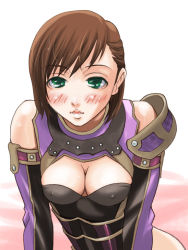 Rule 34 | 00s, 1girl, armor, asymmetrical clothes, bare shoulders, bed sheet, black leotard, blush, breasts, cleavage, cleavage cutout, clothing cutout, covered erect nipples, final fantasy, final fantasy xi, green eyes, hip focus, hume, leotard, looking at viewer, medium breasts, no pupils, open mouth, short hair, shoulder pads, simple background, solo, swept bangs, upper body, white background