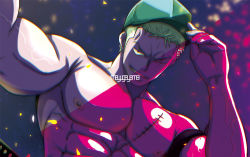 Rule 34 | 1boy, abs, bara, baseball cap, green hair, hat, holding, holding clothes, holding hat, katana, large pectorals, looking at viewer, male focus, mayugeyama, muscular, muscular male, nipples, one piece, pectorals, roronoa zoro, scar, scar across eye, scar on chest, short hair, smile, solo, sword, topless male, veins, veiny arms, weapon