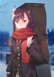 Rule 34 | 1girl, absurdres, black coat, black pantyhose, blazer, blunt bangs, blurry, blurry background, blush, breath, brown hair, buckle, cityscape, closed mouth, coat, girls&#039; frontline, gloves, hair ornament, hair ribbon, highres, holding strap, jacket, lamppost, long hair, long sleeves, looking at viewer, madao, necktie, official alternate costume, one side up, open clothes, open coat, outdoors, pantyhose, pinky out, purple hair, red eyes, red necktie, red scarf, ribbon, scarf, snow, snowflake hair ornament, snowflake print, snowing, solo, sparkle, standing, sweatdrop, tsundere, tsurime, very long hair, wa2000 (date in the snow) (girls&#039; frontline), wa2000 (girls&#039; frontline), weapon bag, white gloves, window