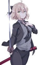 Rule 34 | 100, 100percent park, 1girl, absurdres, adjusting clothes, adjusting necktie, adjusting neckwear, ahoge, black necktie, black ribbon, black suit, blonde hair, breasts, closed mouth, commentary request, fate/grand order, fate (series), formal, green eyes, hair between eyes, hair ribbon, highres, holding, holding sword, holding weapon, katana, koha-ace, looking at viewer, medium breasts, necktie, okita souji (fate), okita souji (koha-ace), ribbon, sheath, short hair, simple background, solo, suit, sword, weapon, white background