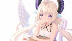 Rule 34 | 1girl, angel wings, blonde hair, blush, breasts, cleavage, commentary, cup, english commentary, enna alouette, eyebrows hidden by hair, flower, green nails, hair flower, hair ornament, head wings, low twintails, nail polish, nijisanji, nijisanji en, purple eyes, sitting, small breasts, smile, solo, tea, teacup, twintails, virtual youtuber, white background, white flower, wings, zzz (zzz00166403zzz)