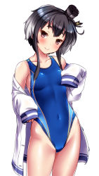 Rule 34 | 1girl, alternate costume, anchor, anchor symbol, bare shoulders, black hair, blue one-piece swimsuit, blush, breasts, brown eyes, buttons, closed mouth, collarbone, competition swimsuit, covered navel, cowboy shot, gradient hair, grey hair, groin, hair between eyes, hairband, hat, head tilt, headgear, highleg, highleg swimsuit, highres, kantai collection, long sleeves, looking at viewer, mini hat, multicolored hair, one-piece swimsuit, short hair with long locks, sidelocks, simple background, skindentation, small breasts, smile, solo, standing, swimsuit, swimsuit under clothes, thighs, tokitsukaze (kancolle), tsuchimiya, white background