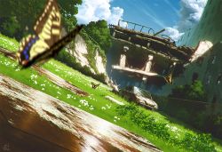 Rule 34 | blurry, broken window, bug, building, butterfly, car, city, day, depth of field, dutch angle, flower, grass, insect, mocha (cotton), motor vehicle, no humans, original, overgrown, plant, post-apocalypse, ruins, scenery, signature, sky, technoheart, tree, vines