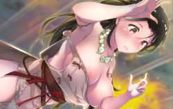 Rule 34 | 1girl, areola slip, armpits, black hair, blush, body markings, breasts, brown eyes, cleavage, collarbone, commentary request, covering one breast, covering privates, dermar, dutch angle, facial mark, fate/grand order, fate (series), forehead mark, highres, himiko (fate), himiko (first ascension) (fate), jewelry, large breasts, long hair, magatama, magatama necklace, necklace, no bra, no panties, one breast out, sideboob, signature, solo