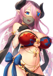 1girl asymmetrical_gloves bare_shoulders black_gloves black_sash blue_bow blue_ribbon bow breasts chain commentary_request covered_erect_nipples cowboy_shot dancer draph gloves goat_horns gold_chain gold_trim granblue_fantasy hands_on_own_chest highres horns large_breasts long_hair long_pointy_ears looking_at_viewer luupechi mouth_veil narmaya_(granblue_fantasy) navel open_mouth parted_bangs pointy_ears revealing_clothes ribbon sash shadow simple_background solo sparkle teeth tongue upper_teeth_only veil white_background white_gloves
