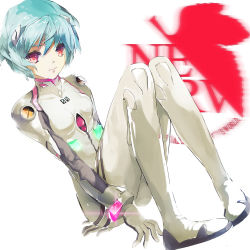 Rule 34 | 123456 (1322881), 1girl, ayanami rei, bad id, bad pixiv id, blue hair, bodysuit, breasts, highres, light smile, neon genesis evangelion, nerv, plugsuit, red eyes, short hair, simple background, sitting, small breasts, solo, white background