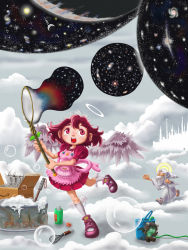 Rule 34 | 1girl, 2boys, angel, apron, box, brooch, bubble, bucket, city, cloud, cross, demon, dress, facial hair, freckles, galaxy, halo, happy, heaven, highres, horns, hose, jewelry, lipstick, makeup, multiple boys, mustache, planet, sandals, shoes, smile, soap bubbles, socks, staff, star (symbol), tail, tiara, whisk, white hair, wings