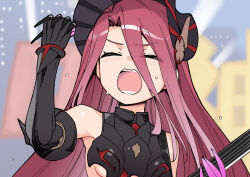 Rule 34 | 1girl, armor, armored dress, bare shoulders, black armor, black dress, black headwear, bonnet, breasts, closed eyes, dress, electric guitar, fate/grand order, fate (series), gauntlets, guitar, hair between eyes, instrument, long hair, ono misao, open mouth, red hair, small breasts, solo, typhon ephemeros (fate), very long hair
