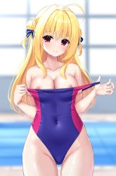 Rule 34 | 1girl, absurdres, ahoge, bare shoulders, blonde hair, blue bow, blue one-piece swimsuit, blurry, blurry background, bow, closed mouth, collarbone, competition swimsuit, covered navel, cow, depth of field, double bun, groin, hair bow, hair bun, head tilt, highres, indoors, long hair, looking at viewer, ncontrail (mgax7527), nipple slip, nipples, one-piece swimsuit, original, photoshop (medium), pink one-piece swimsuit, pool, pulling own clothes, red eyes, smile, solo, strap pull, swimsuit, two-tone swimsuit, undressing, water