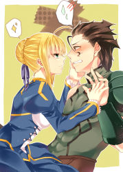 Rule 34 | 1boy, 1girl, 3103vv, ahoge, artoria pendragon (all), artoria pendragon (fate), black hair, blonde hair, blush, brown eyes, diarmuid ua duibhne (lancer) (fate), dress, fate/zero, fate (series), gold trim, green eyes, hair ribbon, hand on another&#039;s face, highres, holding hands, interlocked fingers, ribbon, saber (fate), sparkle, spoken blush, spoken sparkle, spoken sweatdrop, sweatdrop