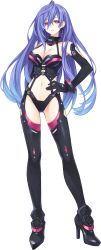 Rule 34 | 10s, 1girl, ahoge, armpits, blue hair, breasts, cleavage, cleavage cutout, clothing cutout, d:, detached sleeves, dominatrix, earrings, elbow gloves, female focus, full body, gloves, gradient hair, hair between eyes, halterneck, hand on own hip, high heels, highres, iris heart, jewelry, kami jigen game neptune v, legs apart, long hair, looking at viewer, medium breasts, midriff, multicolored hair, navel, neptune (series), official art, open mouth, purple hair, pururut, red eyes, revealing clothes, shoes, solo, standing, symbol-shaped pupils, thighhighs, transparent background, tsunako, very long hair