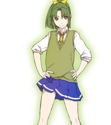 Rule 34 | 10s, 1girl, green eyes, green hair, green necktie, green sweater vest, hair ornament, hands on own hips, matching hair/eyes, midori (midiri99), midorikawa nao, necktie, pleated skirt, ponytail, precure, ribbon, school uniform, simple background, skirt, sleeves rolled up, smile, smile precure!, solo, sweater vest