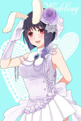 Rule 34 | 1girl, alternate costume, animal ears, arm behind back, bare shoulders, black hair, blue background, blush, bob cut, bow, breasts, chiester556, dress, english text, flower, frills, fysr, gloves, hair flower, hair ornament, heart, looking at viewer, medium breasts, open mouth, pleated dress, purple flower, purple rose, rabbit ears, red eyes, rose, salute, short hair, sleeveless, smile, solo, umineko no naku koro ni, white gloves